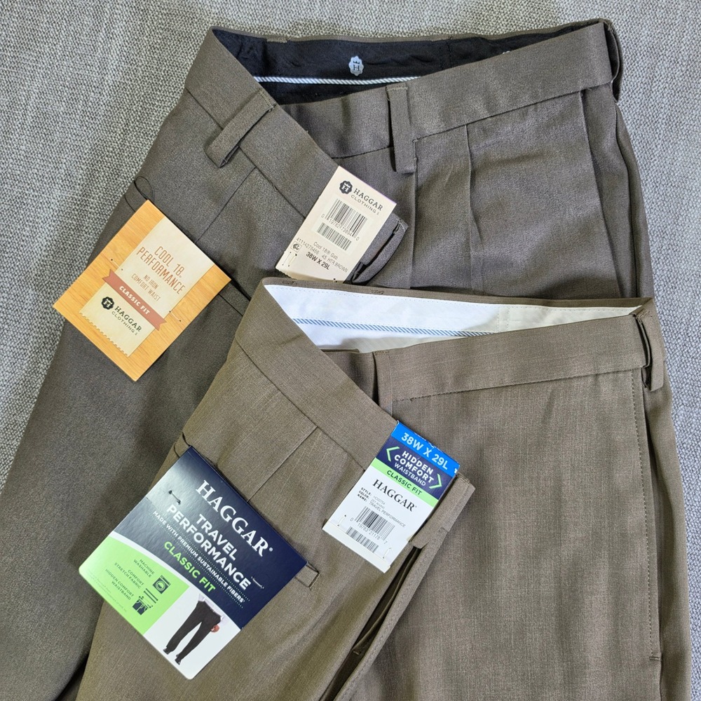 NEW 2 Pack Haggar Dress Pants Men 38/29 Beige Cool 18 Travel Performance Stretch